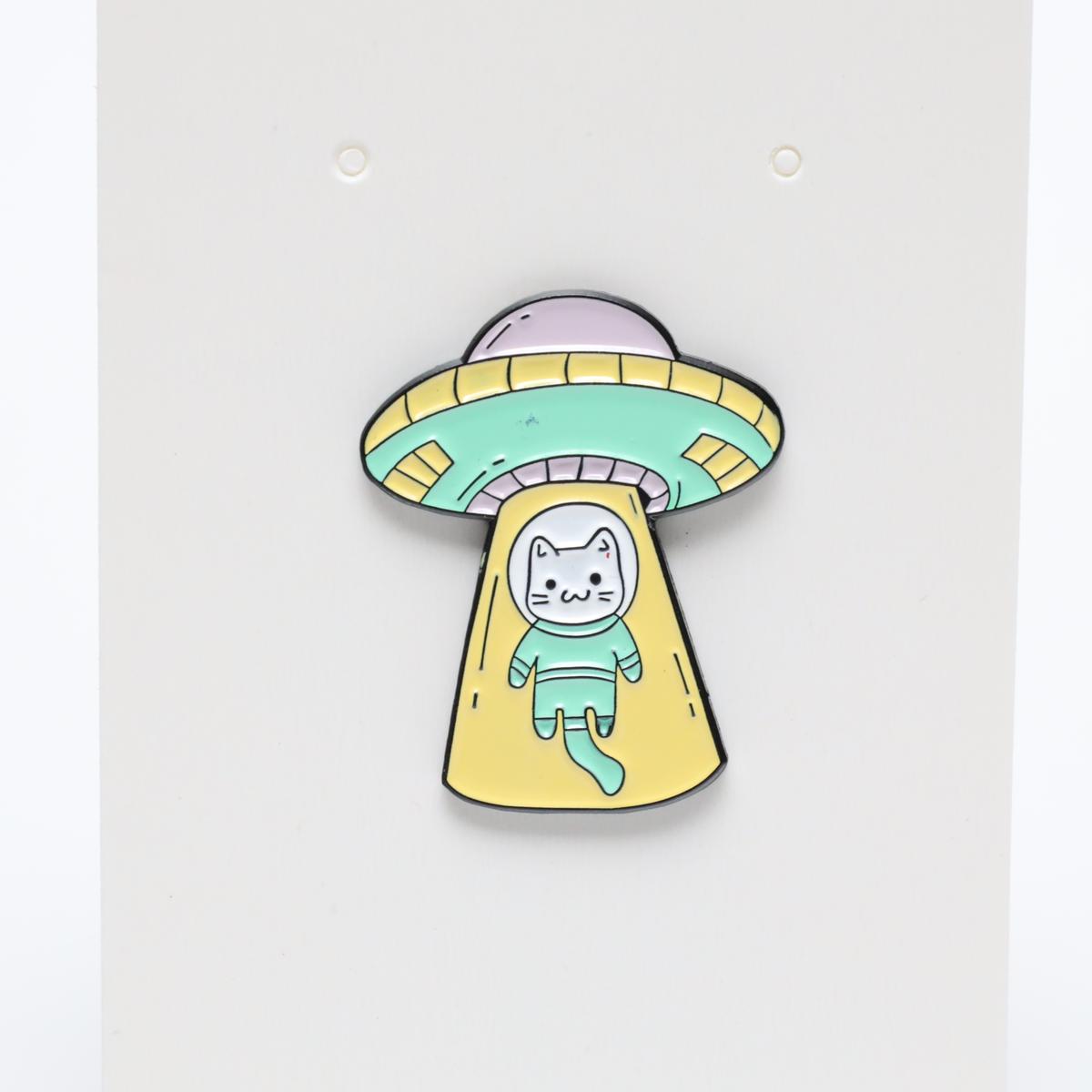 Cute Cat in UFO Tractor Beam Enamel Pin