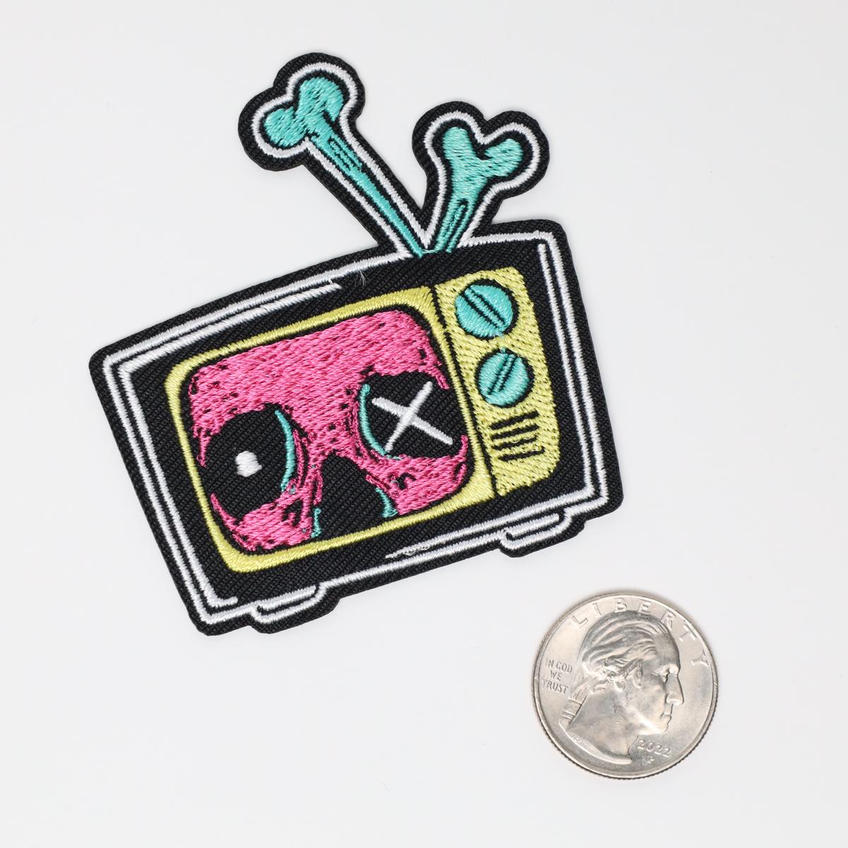 Skull TV Set Iron On Embroidered Patch