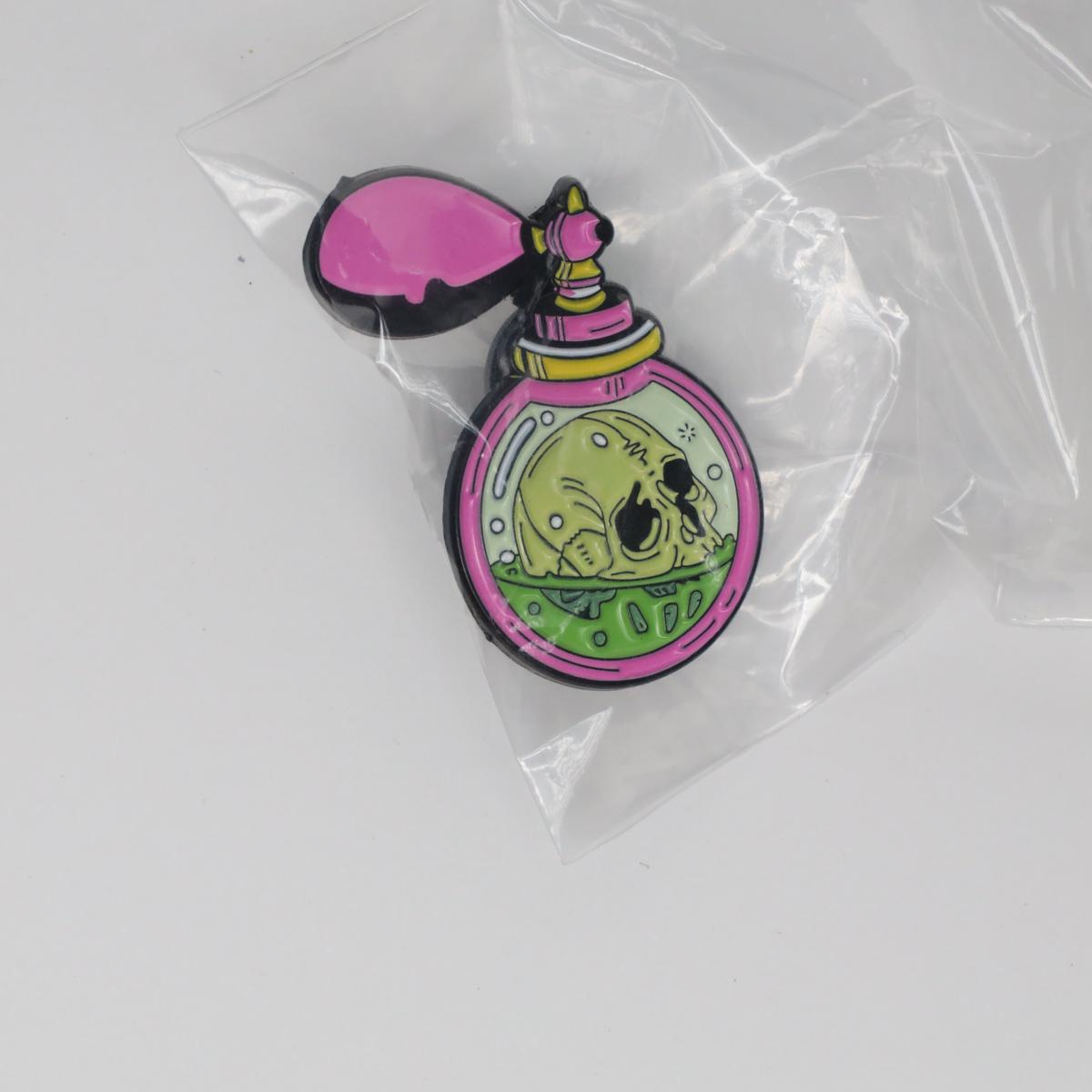 Toxic Skull Pink Perfume Enamel Label Pin