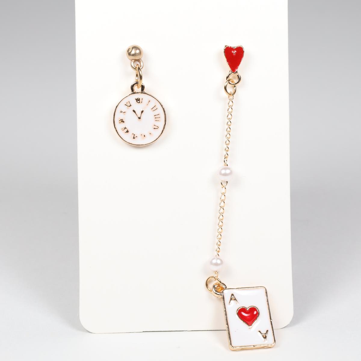 Alice In Wonderland Ace of Hearts & Clock Metal Dangle Earrings