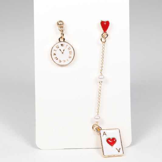 Alice In Wonderland Ace of Hearts & Clock Metal Dangle Earrings