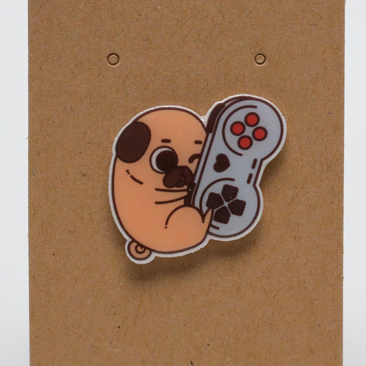 Cartoon Pug Loving SNES Acrylic Pin