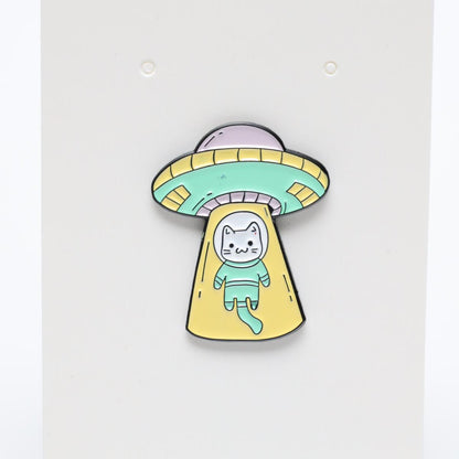 Cute Cat in UFO Tractor Beam Enamel Pin