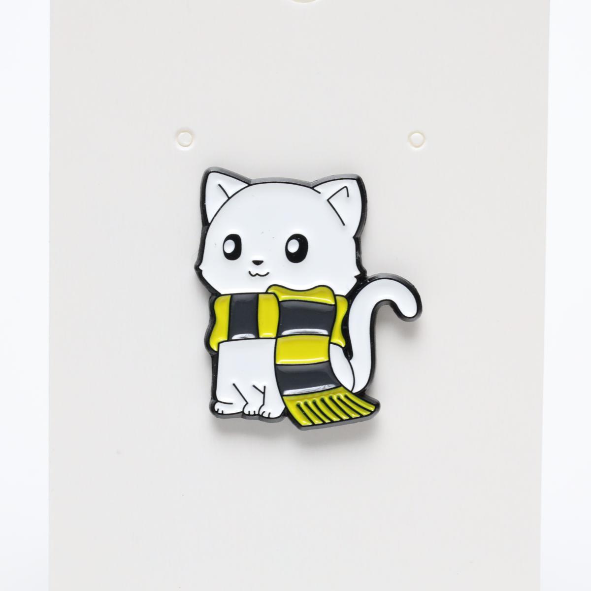 Cute Cat with Striped Yellow & Grey Scarf Enamel Pin