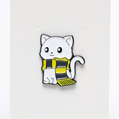 Cute Cat with Striped Yellow & Grey Scarf Enamel Pin