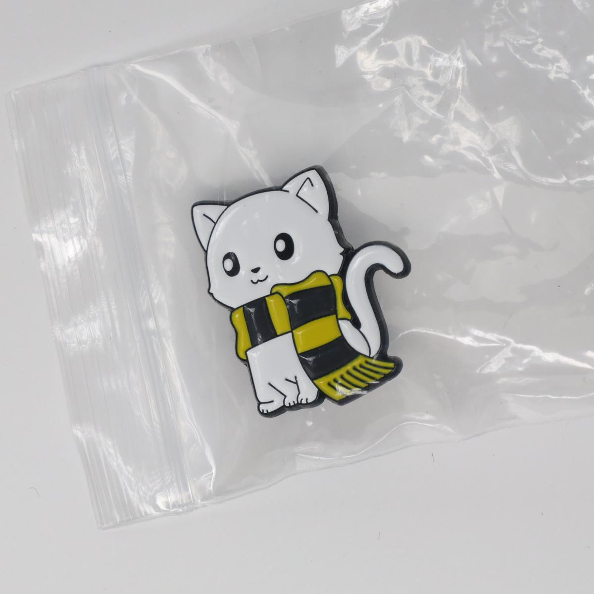 Cute Cat with Striped Yellow & Grey Scarf Enamel Pin