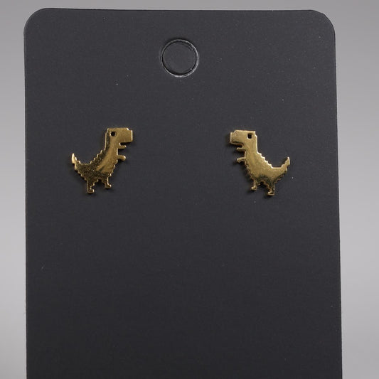 Gold Retro Pixel T-Rex Dinosaur Stainless Steel Stud Earrings