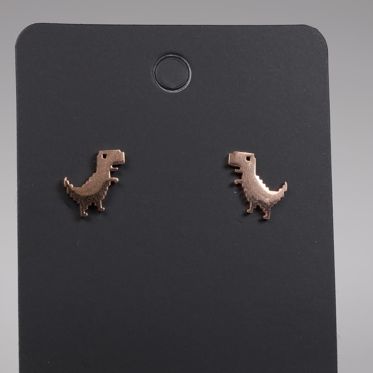 Rose Gold Retro Pixel T-Rex Dinosaur Stainless Steel Stud Earrings